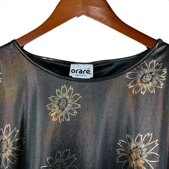 Vintage Orare Blouse Top Short Sleeve Shiny Metallic Flowers Women's 12 - Picture 2 of 6